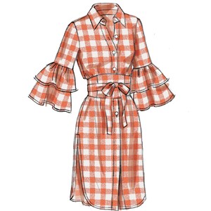 May include: A red and white gingham button-down shirt dress with a ruffled three-quarter sleeve and a tie belt.