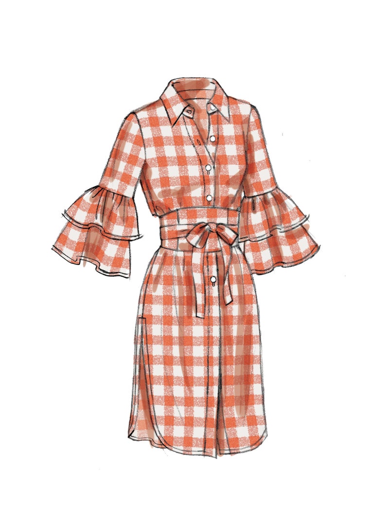 May include: A red and white gingham button-down shirt dress with a ruffled three-quarter sleeve and a tie belt.