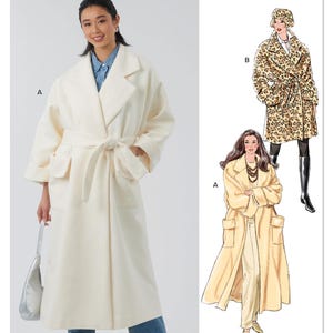 May include: An image of a woman wearing a cream-coloured long coat with a tie belt and pockets. The image also shows illustrations of similar coats, including a leopard print design. The text "NEWLOOK" and "N6810" are visible.