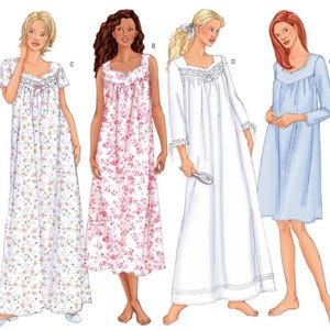 May include: Four women modeling nightgowns. The nightgowns are in various colors and patterns, including a floral print, a solid white, and a light blue with a polka dot pattern. Each nightgown has a different neckline and sleeve length. The nightgowns are long and flowing.