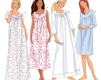 Patrón de costura para camisones con escote de rombos para señoras y señoras pequeñas, patrón Butterick B6838, ropa de dormir, camisones, patrón de camisón para mujer