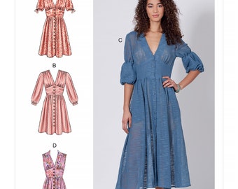 Patrón de costura para vestido de mujer, patrón McCalls M7974, nuevo patrón, vestido con botones delanteros, patrón de costura fácil, corpiño ajustado, detalle en el abdomen.