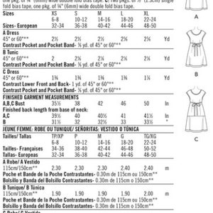 May include: A sewing pattern sheet for a Misses' dress or tunic, with diagrams and fabric requirements. Includes sizes XS to XL, with measurements in inches. The pattern offers options for different dress styles.
