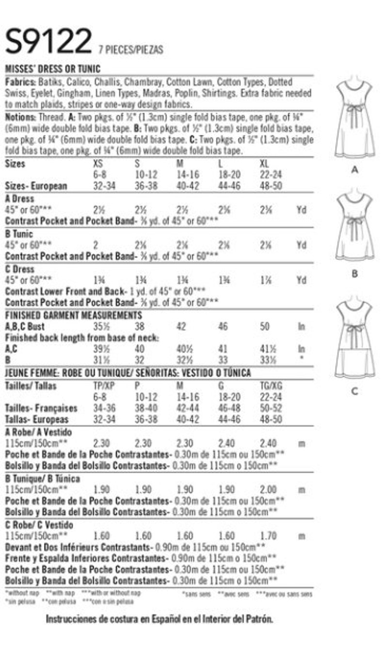 May include: A sewing pattern sheet for a Misses' dress or tunic, with diagrams and fabric requirements. Includes sizes XS to XL, with measurements in inches. The pattern offers options for different dress styles.
