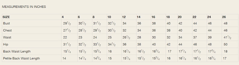 May include: A chart showing women's clothing size measurements in inches. The chart includes measurements for bust, chest, waist, hip, back waist length, and petite back waist length. Sizes range from 4 to 26.