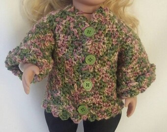 18" Doll Sweater to fit American Girl and other 18 inch Dolls, Crochet Sweater Jacket, Handmade, Pink Green Sweater