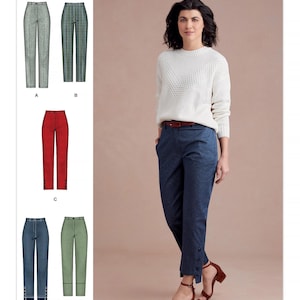 May include: Simplicity pattern S8957 features various styles of women's pants. The image shows a woman wearing navy blue pants with button details. Other pant styles include gray, plaid, red, and green options. The Simplicity logo is at the top.