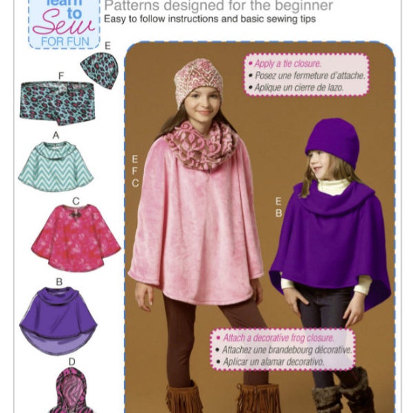 Sewing Pattern for Children's/Girls' Pullover Ponchos, McCall's Pattern M7012, Learn to Sew Easy Sew Girls Jackets, Ponchos, Hooded Poncho