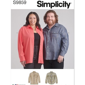 May include: Simplicity pattern S9859 features two people wearing button-down shirts. The woman is wearing a coral shirt, and the man is wearing a blue shirt. The pattern includes two additional shirt designs. The text "easy-to-sew" is also visible.