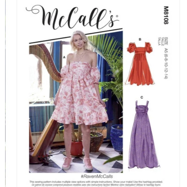 Sewing Pattern for Womens Dress, McCalls Pattern M8108, NEW Pattern, Misses Dresses, Womens Gown, Strapless, Straps or Puff Sleeves