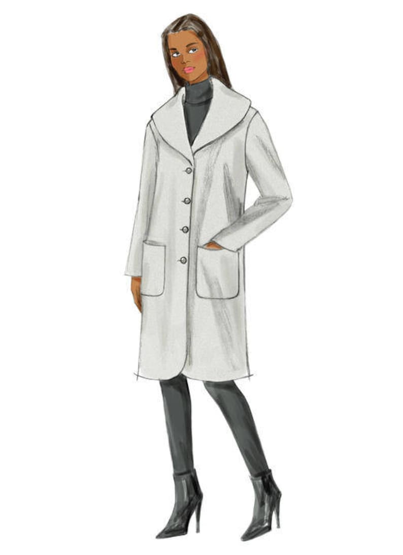 May include: A long, white coat with a wide collar, button closure, and two patch pockets. The coat is worn over a black turtleneck and black pants.