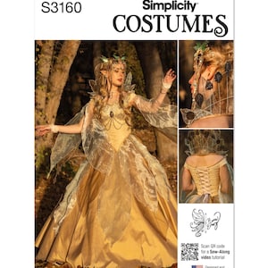 May include: Simplicity Costumes pattern S3160 features a floor-length gold gown with sheer leaf-shaped overlays, a corset-style back with lacing, and a matching headpiece. The package includes a QR code for a sew-along video tutorial and branding.
