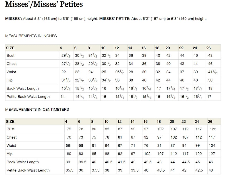 May include: A chart showing women's clothing size measurements in inches and centimeters. The chart includes bust, chest, waist, hip, back waist length, and petite back waist length measurements for sizes 4 through 26.