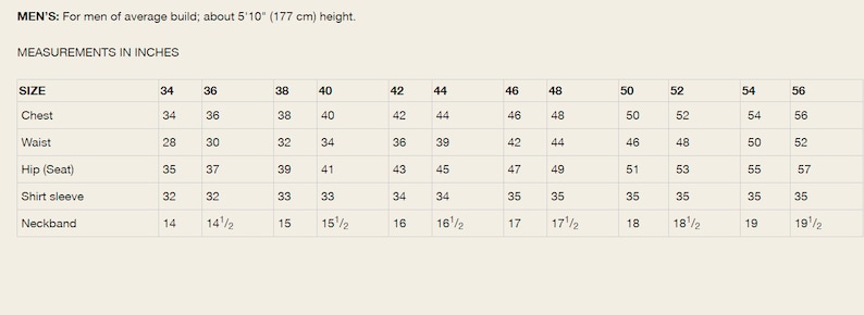 Puede incluir: Un gr&aacute;fico que muestra las medidas de la ropa para hombres en pulgadas. El gr&aacute;fico incluye medidas para el pecho, la cintura, la cadera, la manga de la camisa y el cuello.