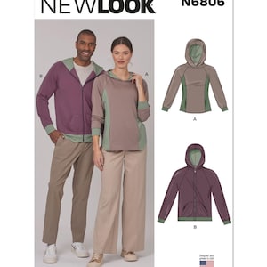 May include: A New Look sewing pattern, N6806, featuring a hooded sweatshirt and pants. The pattern shows a purple zip-up hoodie with green accents, and a brown pullover hoodie with green accents. The models are wearing the clothing.