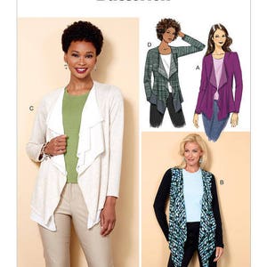 Sewing Pattern for Womens' Cascade-Collar Knit Jacket, Butterick Pattern B6527, Women's Tops, Plus Size, Open Front Cardigan Jacket