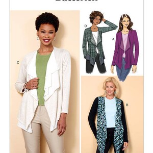 Sewing Pattern for Womens' Cascade-Collar Knit Jacket, Butterick Pattern B6527, Women's Tops, Plus Size, Open Front Cardigan Jacket