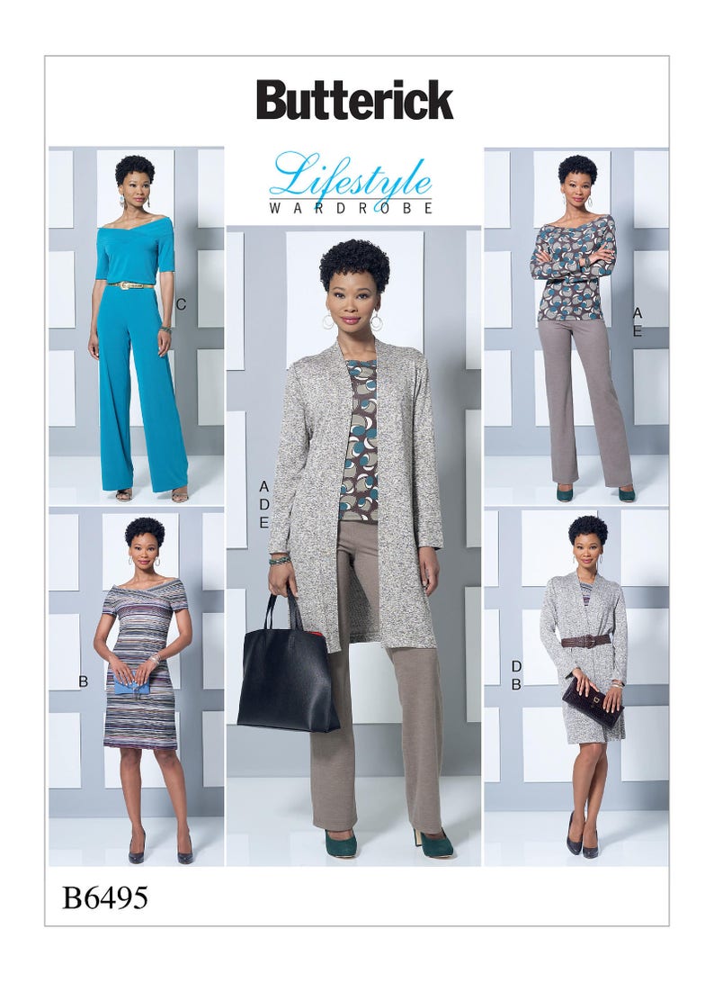 Sewing Pattern Womens' Knit Off-the-Shoulder Top, Dress, Jumpsuit, Jacket, & Pull-On Pants, Butterick Pattern B6495, Wardrobe, Plus Sizes image 1