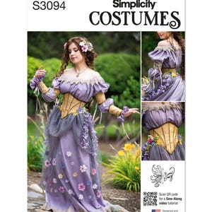 May include: Simplicity Costumes pattern S3094 featuring a lavender off-the-shoulder dress with a tan corset, puff sleeves, and floral embellishments. The pattern includes a QR code for a sew-along video tutorial and is designed and printed in the USA.