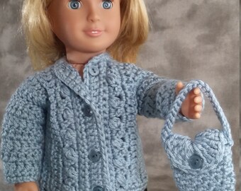 Cable Front Sweater & Purse Set, Handcrafted Crochet to fit American Girl Doll and 18" Dolls, Pretty Blue Sweater, Purse