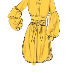 May include: A yellow shirt dress with a button-up front, long sleeves, and a cinched waist with a bow. The sleeves are puffed and have a gathered detail at the cuff.