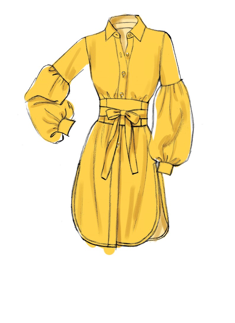 May include: A yellow shirt dress with a button-up front, long sleeves, and a cinched waist with a bow. The sleeves are puffed and have a gathered detail at the cuff.