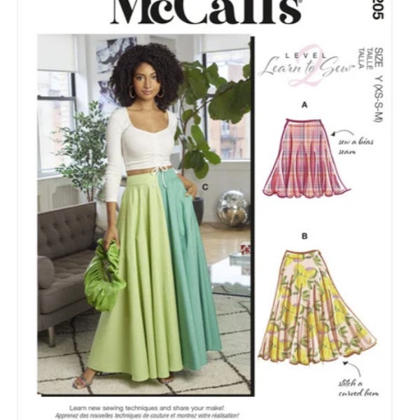 Sewing Pattern for Womens Skirts in Three Lengths, McCall's Pattern M8205, A Learn to Sew Level 2 Pattern, Full Skirt with Waistbands