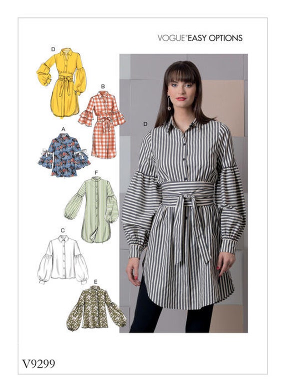 Sewing Pattern for Womens' TOP AND BELT, Vogue Pattern V9299, Womens Tops Pattern, Easy Sew, Tunic Shirts, Button Down Shirts