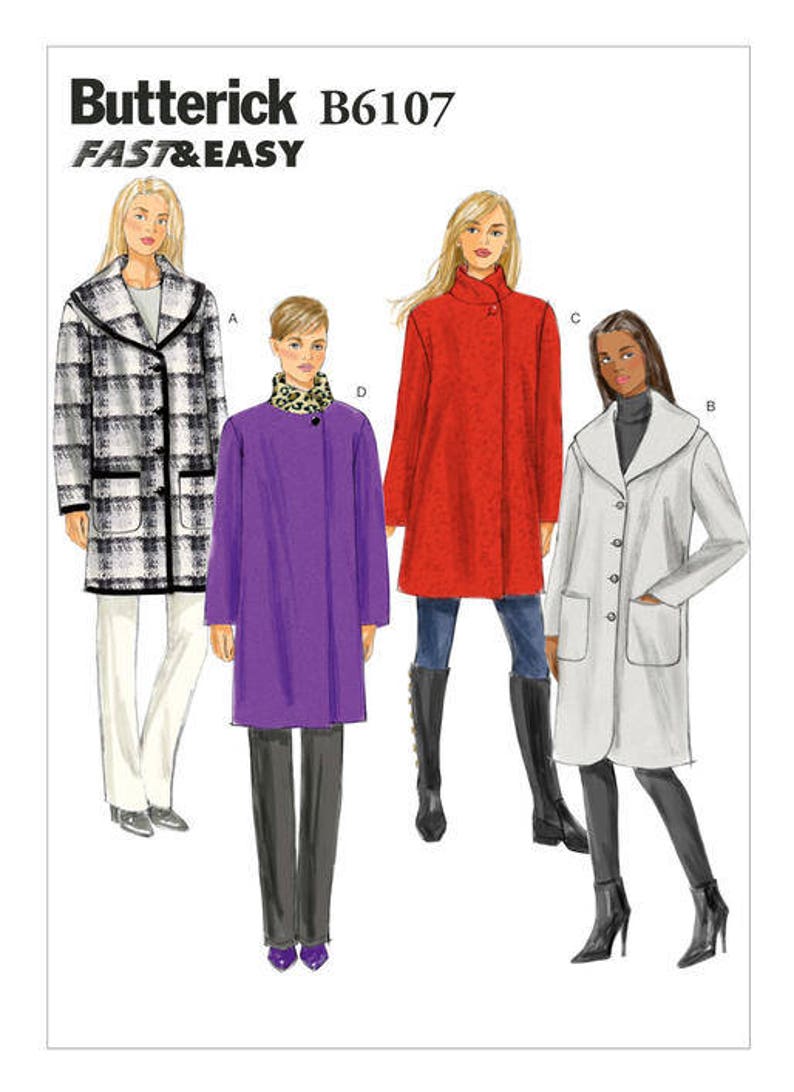 May include: A sewing pattern for four different coats, labeled A, B, C, and D. The coats are in a variety of colors and styles, including plaid, purple, red, and white. The pattern is from Butterick and is labeled "B6107 FAST & EASY".