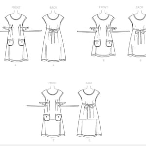 May include: Line drawings of three apron designs, each shown from the front and back. The aprons feature a scoop neckline, tie waist, and pockets. The sleeveless aprons extend to the knees.