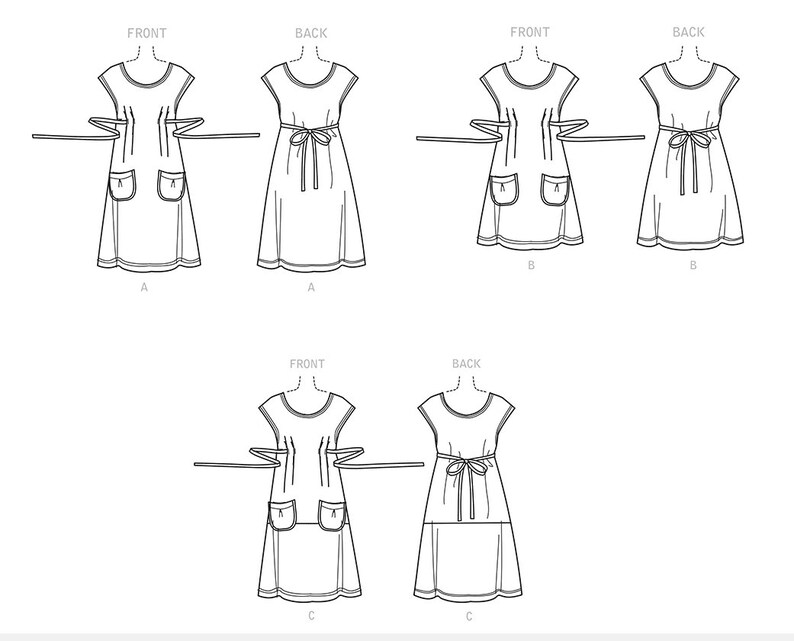 May include: Line drawings of three apron designs, each shown from the front and back. The aprons feature a scoop neckline, tie waist, and pockets. The sleeveless aprons extend to the knees.