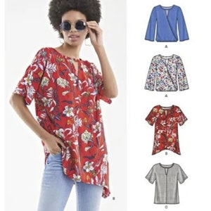 May include: A sewing pattern for a women's top with a V-neck and short sleeves. The pattern includes three different styles: a blue top with long sleeves, a floral print top with long sleeves, and a red floral print top with short sleeves. The pattern is for sizes XS-XL.