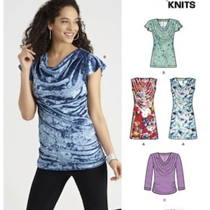 May include: A woman wearing a blue velvet cowl neck top and black leggings. The image also shows a sewing pattern for knit tops with cowl necklines. The pattern is labeled "New Look" and "Just for Knits".