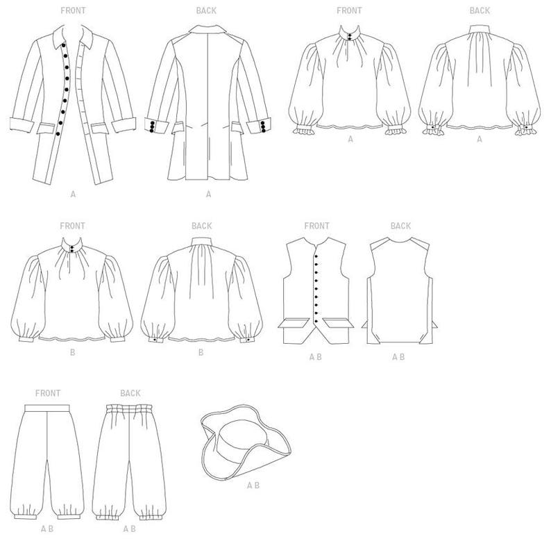 Puede incluir: Un patr&oacute;n de dibujo de l&iacute;nea para un traje hist&oacute;rico. El patr&oacute;n incluye un abrigo, una camisa, un chaleco, pantalones y un sombrero. El patr&oacute;n est&aacute; etiquetado con vistas "frontal" y "posterior".