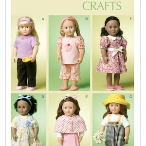 May include: A sewing pattern for doll clothes. The pattern includes six different outfits for dolls, including a purple shirt and brown pants, a pink shirt and floral print pants, a floral print dress, a floral print dress with a blue bib, a pink cape and skirt, and a yellow shirt and black and white checkered overalls.