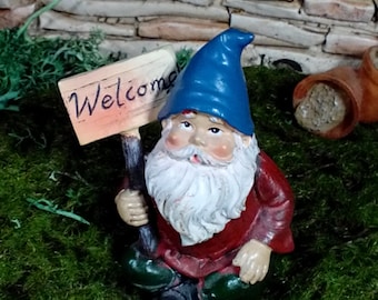 Fairy Garden Miniature  Garden Gnome for your Fairy Garden, Welcome Gnome, Miniature Gnome with Welcome Sign