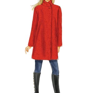 May include: A red long-sleeved coat with a high collar and a single button closure. The coat is worn over blue jeans and black boots.