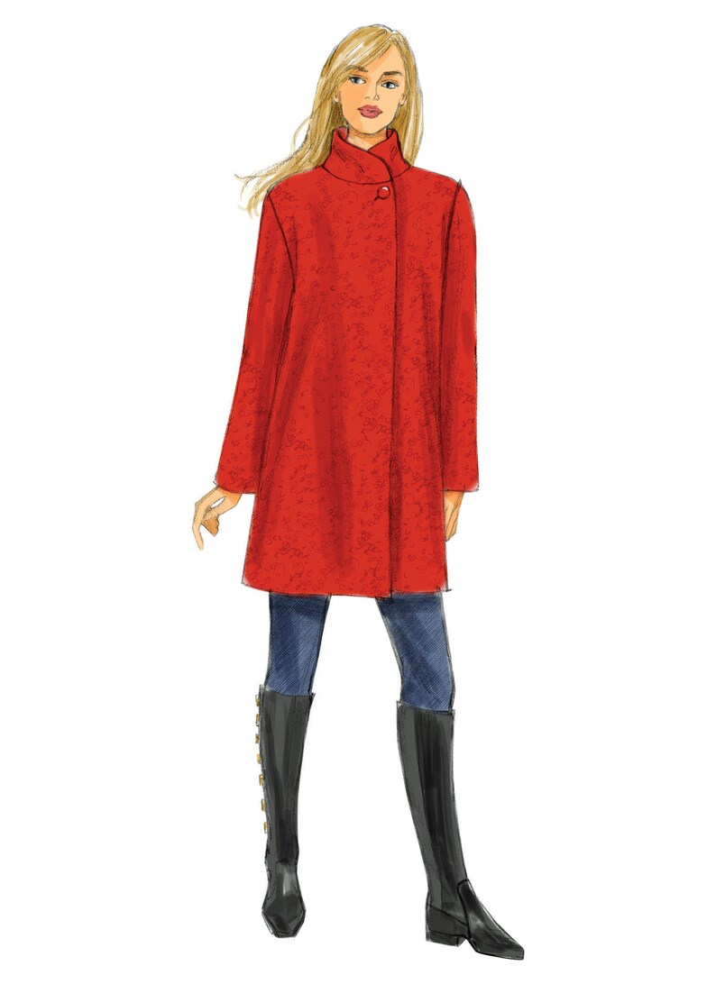 May include: A red long-sleeved coat with a high collar and a single button closure. The coat is worn over blue jeans and black boots.