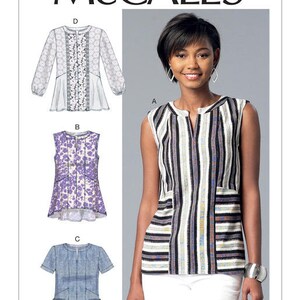 May include: A sewing pattern for a sleeveless top with a V-neck and a front pocket. The pattern includes three different styles: a white top with lace detailing, a purple floral top, and a denim top. The pattern is from McCall's and the pattern number is M7390.
