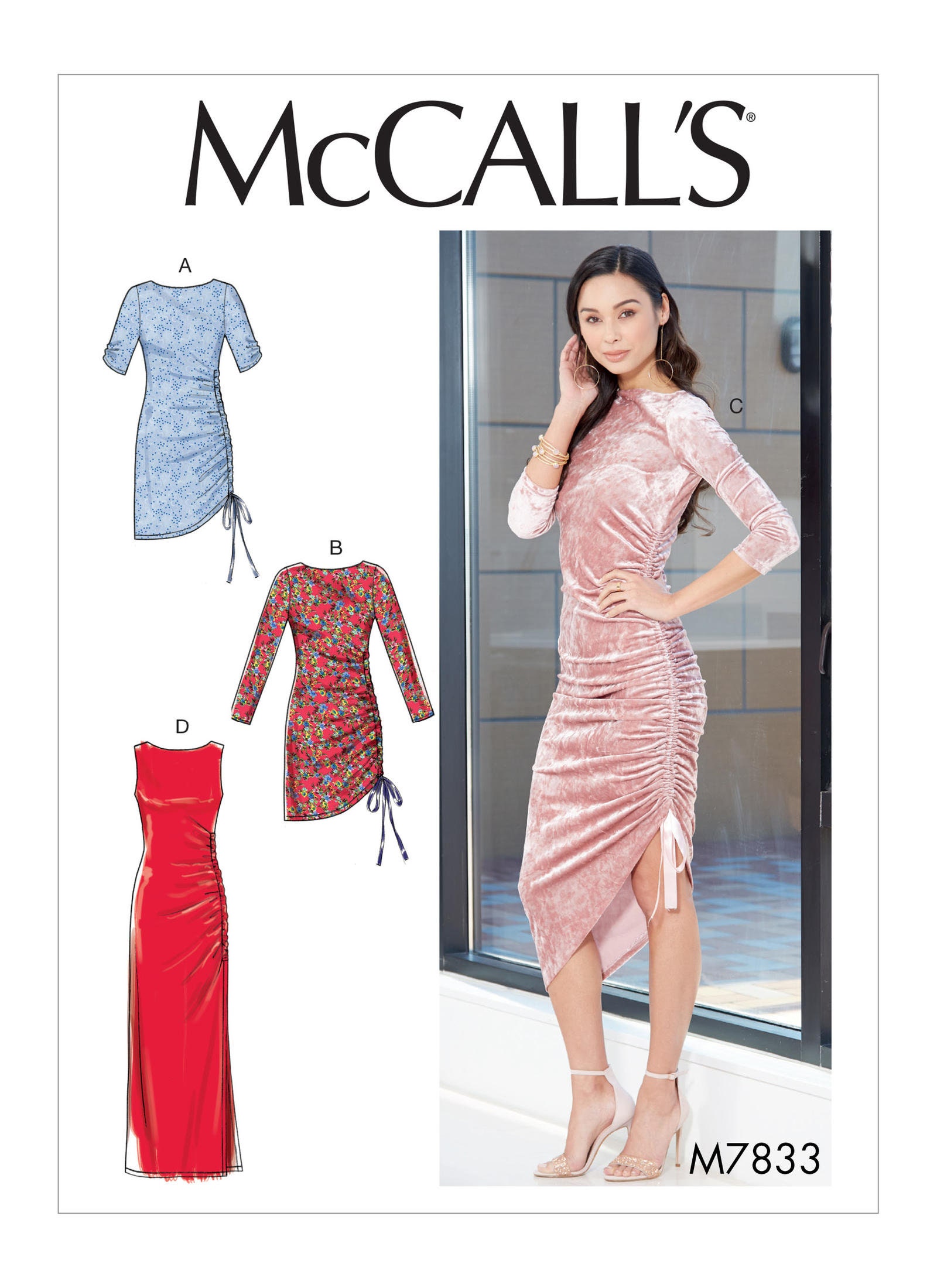 Sewing Pattern for Womens' Dress in Misses Sizes, McCall's Pattern M7833,  New Pattern, Dress Pattern in Stretch Knit with Side Gathers