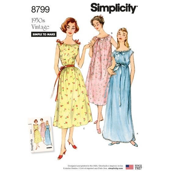 Sewing Pattern for Womens' Vintage Nightgowns, Simplicity Pattern 8799, 1950's Vintage Pattern Reprint, 1950s Style Nightgowns