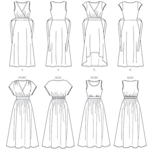 May include: Line drawing of a dress pattern with four different styles. The styles are labeled A, B, C, and D. Each style has a front and back view.
