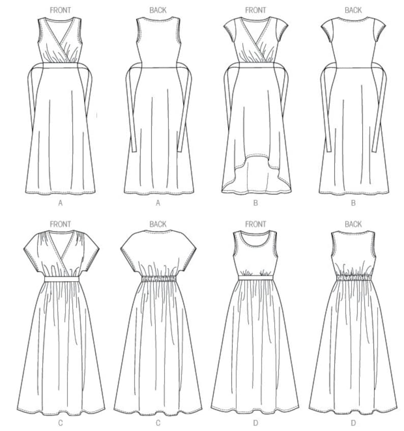 May include: Line drawing of a dress pattern with four different styles. The styles are labeled A, B, C, and D. Each style has a front and back view.