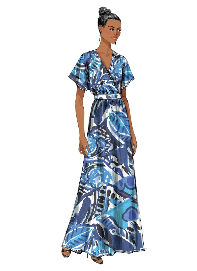 May include: A long, blue and white patterned maxi dress with a V-neckline and short sleeves. The dress has a fitted bodice and a flowing skirt.