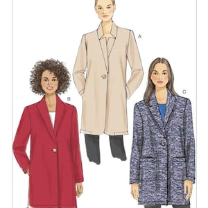 May include: A sewing pattern for a long coat with a single button closure. The pattern includes three different styles: a beige coat, a red coat, and a blue and white patterned coat. The pattern is labeled "Very Easy Vogue" and "V9133".