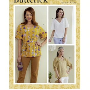 Sewing Pattern Womens Tops, Butterick Pattern B6770, New Pattern, Misses V Neck Tops with Optional Sash, Sizes 4 to 26