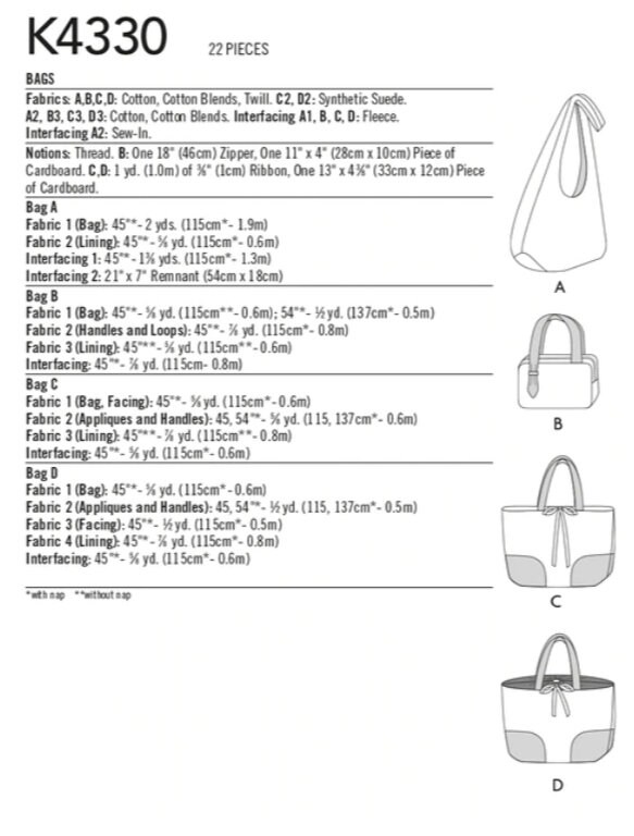 kiyata リスフック Sewing Pattern for Bags, Kwik Sew Pattern K4330, Womens Bags