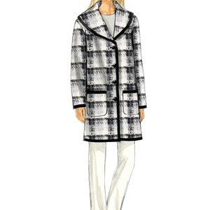 May include: A long black and white plaid coat with a black collar and black trim. The coat has a button closure and two patch pockets.