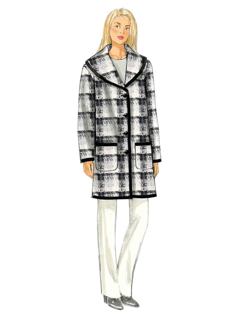 May include: A long black and white plaid coat with a black collar and black trim. The coat has a button closure and two patch pockets.