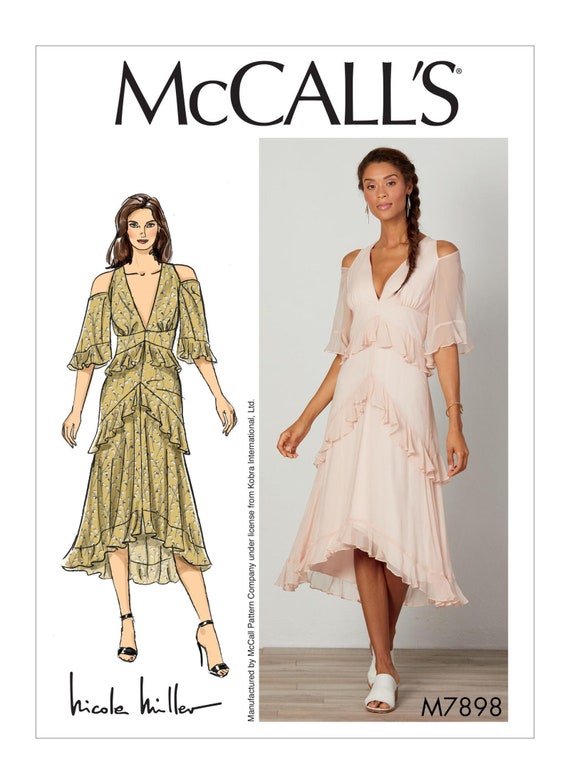 Sewing Pattern for Womens Dress in Misses Sizes, Mccall's Pattern M7898,  New Pattern, Deep V-neck Dress, Bare Shoulder Feminine Dress 